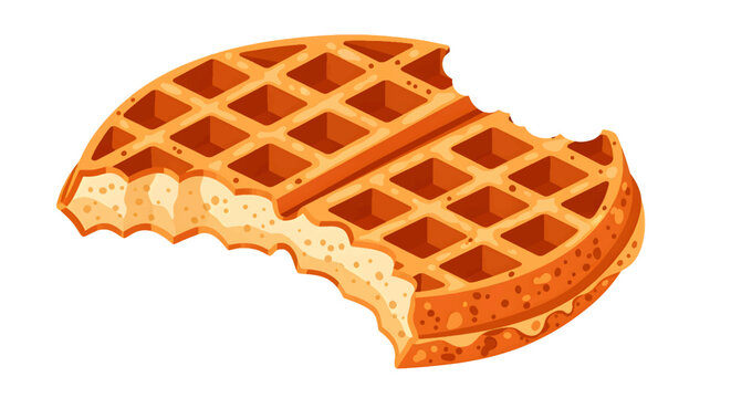 A delicious round waffle, partially eaten, showing its golden-brown texture and square grid pattern, perfect for breakfast or dessert