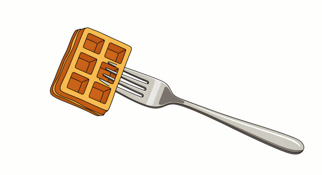 Golden brown waffle impaled on a metallic fork, isolated on a pure white background, representing breakfast or a sweet treat