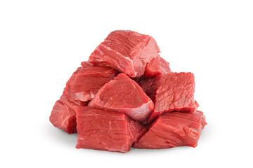 red raw beef meat cut into pieces in a small pile - isolate on a white background, ingredient dose measure to add to recipes when cooking according to recipes.