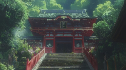 Traditional Japanese shrine with red wooden gate and stone steps surrounded by lush green forest under soft sunlight, creating peaceful and vibrant atmosphere