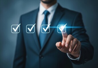 Obraz premium Businessman touching digital check mark icons on virtual screen, quality control and survey concept