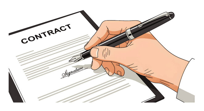 Hand signing a legal document on a paper with the word contract written on it, close-up of a person's hand holding a pen and signing a contract