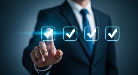 Obraz premium Businessman touching digital check mark icons on virtual screen, quality control and survey concept