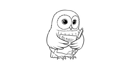 Obraz premium Cute Cartoon Owl Holding a Book and Pen, Black and White Line Art
