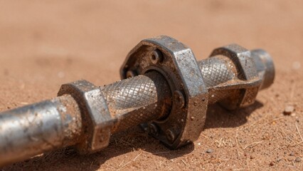 Close-up rusty cylindrical component likely part vehicle resting sandy surface appears made metal weathered ag