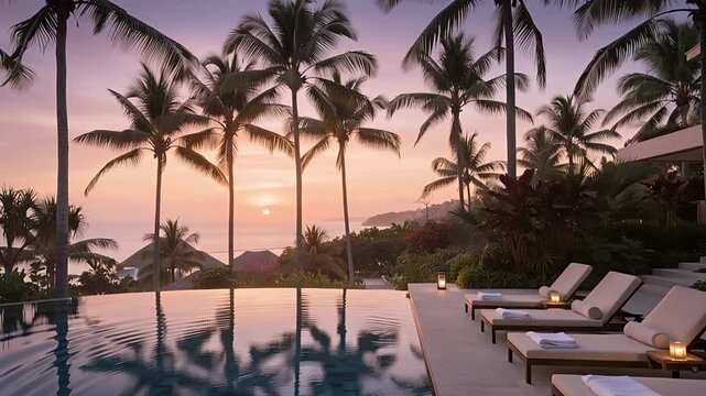 palm trees sunset infinity pool luxury resort lounge chairs at dusk