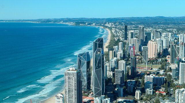 Landscape of the famous Gold Coast coastline with the Pacific Ocean along long sandy beaches
