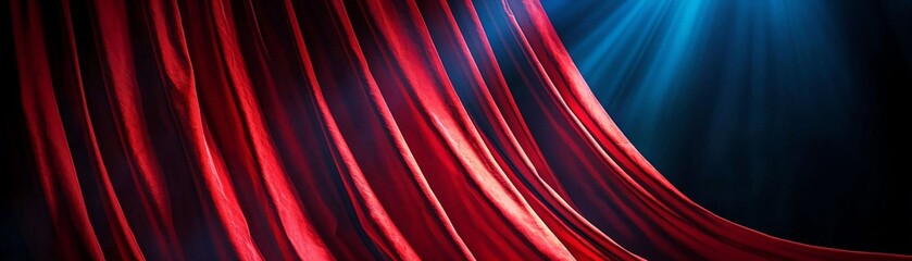Fototapeta premium Dramatic Red Velvet Curtain with Soft Blue Lighting Effects