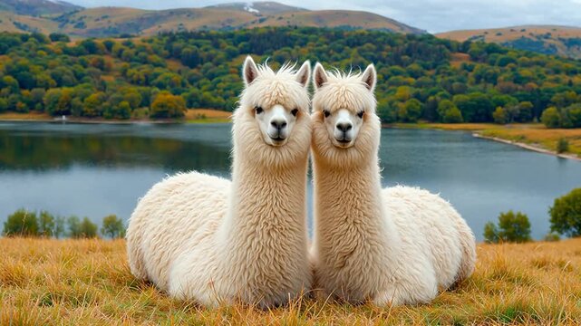 Two fluffy alpacas by a lake
