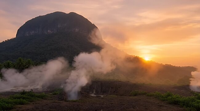 Steaming geothermal vents and lush green mountain under an orange sunset sky