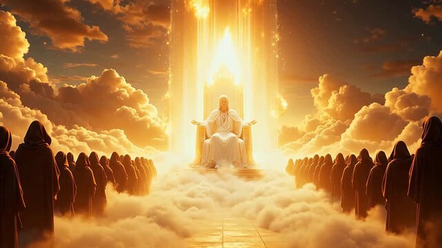 figure on throne with crowd in sky