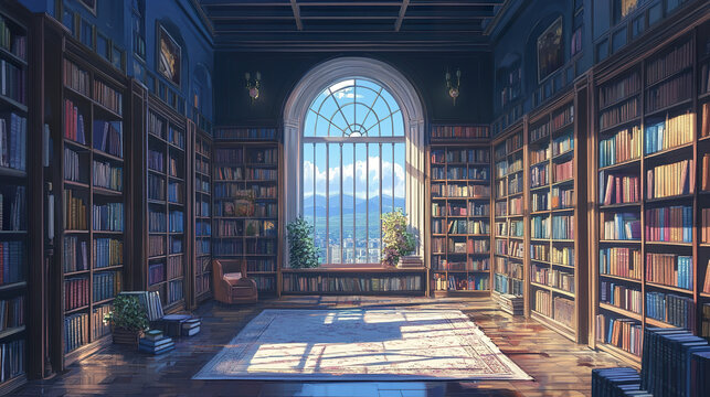 Bright vibrant library room with tall wooden bookshelves and large arched window showing city and mountain view in anime style