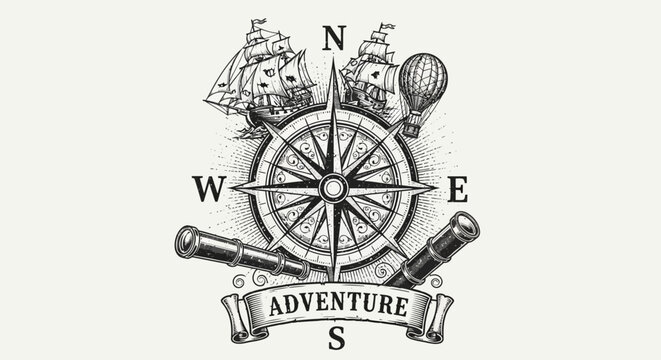 Vintage Adventure Emblem: Detailed Hand-Drawn Compass Rose with Sailing Ships, Hot Air Balloon, and Telescopes for Exploration