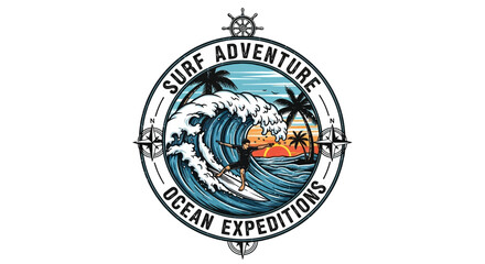 Obraz premium Vintage Style Surfing Adventure Logo with Ocean Wave, Silhouetted Palm Trees, and Vibrant Sunset Scene for Expeditions