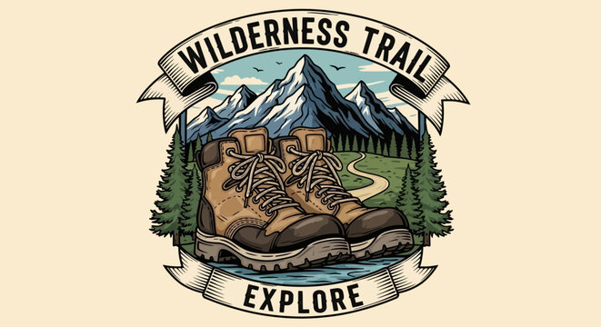 Outdoor Adventure Vector Illustration: Hand-Drawn Emblem with Hiking Boots, Majestic Mountains, Forest, and Wilderness Trail