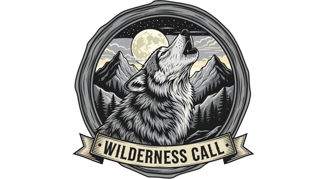 Majestic wolf howling at the full moon in a mountain wilderness, vintage engraving style emblem, wildlife nature illustration badge