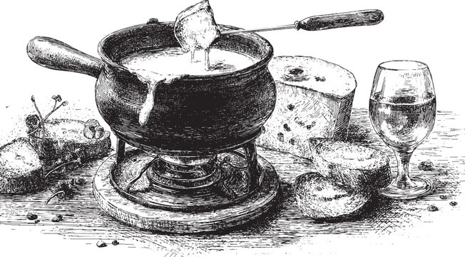 Cheese fondue pot (caquelon) illustration on a white background. This vector illustration can be used in any size you like for advertising, logos, and other work.
