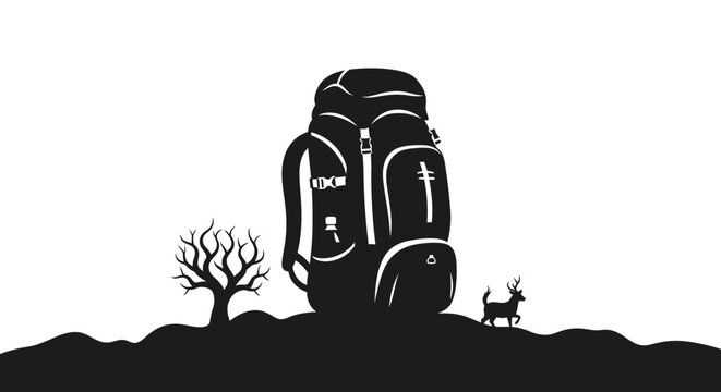Minimalist outdoor adventure silhouette with large hiking backpack, leafless tree, and deer against a white background. Travel and wilderness concept.