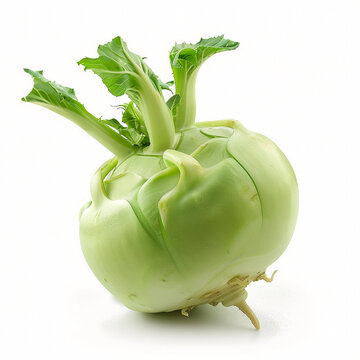 Fresh kohlrabi bulb with green leaves isolated on white background macro food photography