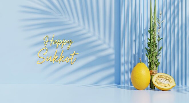 Happy Sukkot greeting with etrog and lulav. Jewish holiday symbols featuring whole and halved citron fruit alongside palm fronds. Blue background harvest festival celebration concept