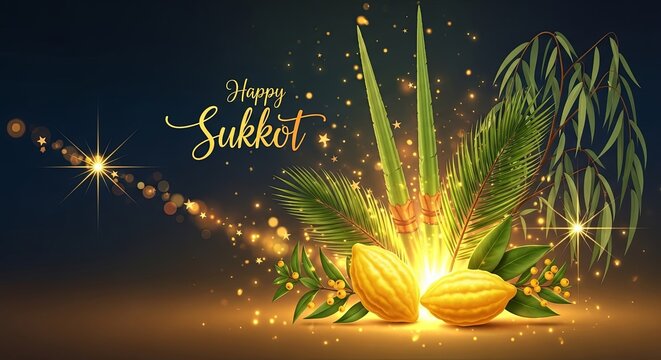 Festive Sukkot greeting with lush palm fronds and golden etrog citrons. Jewish holiday symbols illustration featuring sparkling lights and autumn foliage. Traditional celebration design for holiday