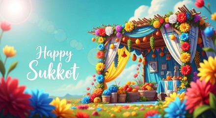 Obraz premium Colorful sukkah decorated with flowers fruits and bells for Sukkot holiday. Jewish festival booth illustration featuring happy Sukkot text in English and Hebrew. Traditional autumn celebration