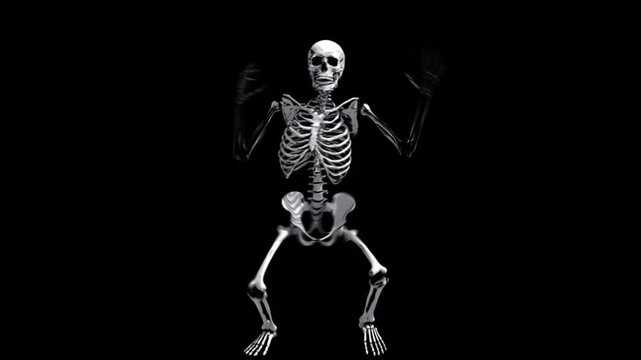 3d skeleton human bone anatomical model medical illustration spooky halloween dark background black background arms outstretched dance pose horror anatomy bone structure rib cage skull spine pelvis