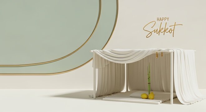 White sukkah booth draped with fabric containing bamboo and etrogs. Traditional sukkot celebration for jewish harvest festival. Temporary dwelling symbolizing joy and abundance in autumn holiday