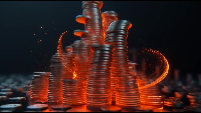 Glowing coin stack hot metal coin orange light money financial growth concept abstract currency background digital wealth idea investment profit futuristic finance scene heat energy effect digital