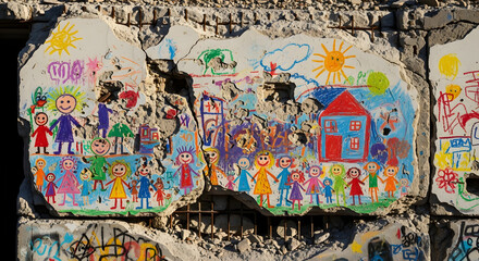 Naklejka premium Children's Colorful Drawings on a Damaged Concrete Wall - A Symbol of Hope and Resilience