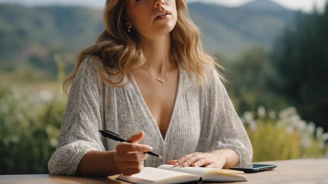 Young woman writing journal notebook with pen at wooden table in outdoor nature, peaceful garden countryside meadow scenery for relaxation, focus and contemplation, casual summer daylight study mood