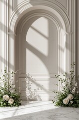 White room with a large archway and a window