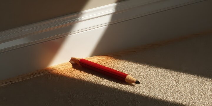 A detailed red pencil lies on a light brown textured surface with bright sunbeams casting shadows across the scene the pencil is the main subject with a sharp graphite tip visible and the background
