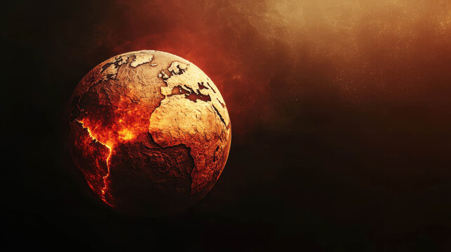 Burning cracked earth globe in space, global warming apocalypse concept