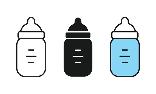 Baby feeding bottle icons set. Vector illustration of milk bottles in outline, glyph, and flat styles for newborn care, nursery, and parenting apps. Isolated pictogram, silhouette on white background.