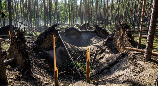Profound crater scarring a dense pine forest, surrounded by uprooted trees and disturbed earth, an evocative scene of historical impact or powerful natural forces