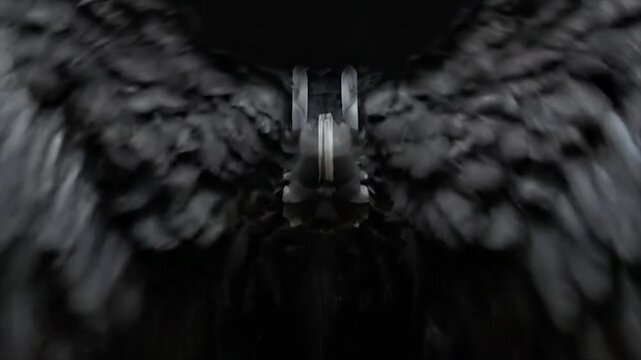 Dark Angel Wings Spreading Open Against Black Background.