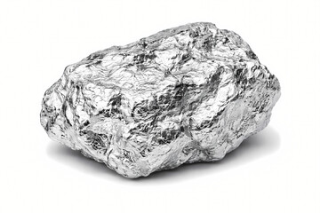 Obraz premium Shiny metallic silver rock isolated on white background, showcasing raw mineral texture and luster for industrial and design applications