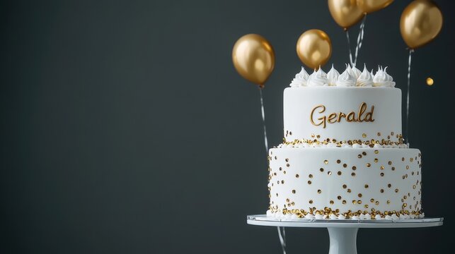 Gerald Day Elegant white cake with gold balloons and personalized topper on dark background