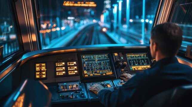 Train Driver's Perspective: Night Journey Through City Lights, Modern Cockpit View