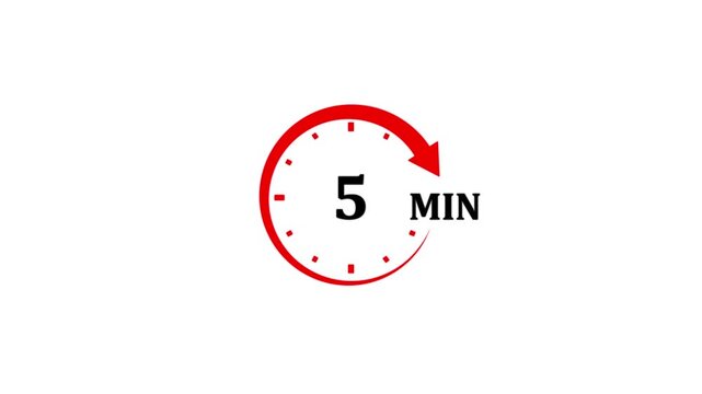 Red circular timer icon indicating five minutes countdown with arrow on white background 5 minutes clock
