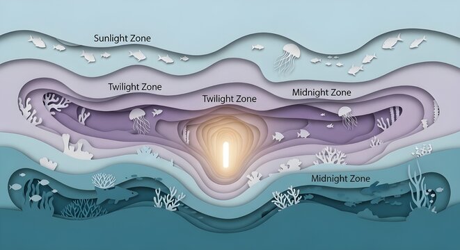 Oceanic zones cross section with sunlight, twilight, and midnight marine life layers