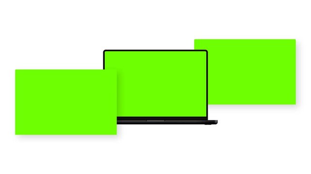 Black laptop mockup with animated green web screens on white background. Animation for website presentation, UI design showcase