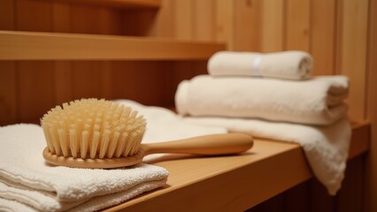 massaging brush stack of towels and sauna accessories on wooden bench inside spa sauna selective focus wellness relaxation concept