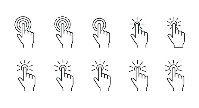 Collection of hand cursor icons showing touch gestures and clicking actions with different ripple effects in a line art style.