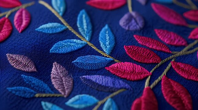 A close-up view of intricate embroidery on a deep blue fabric. The design depicts a botanical pattern with colorful leaves and branches