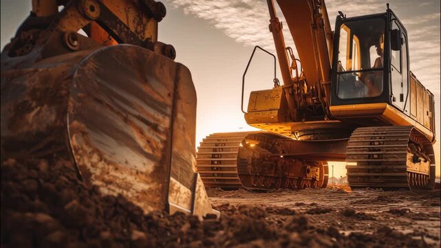 Excavator digging on construction site during sunset  
