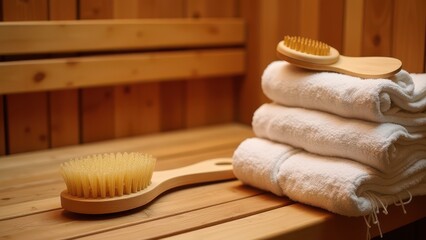 massaging brush stack of towels and sauna accessories on wooden bench inside spa sauna selective focus wellness relaxation concept