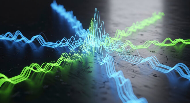 Glowing blue and green digital waveform lines crossing and oscillating over a dark textured surface with a shallow depth of field