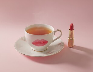 A cup of coffee and red lipstick, a creative composition on a pastel pink background, morning routine concept.